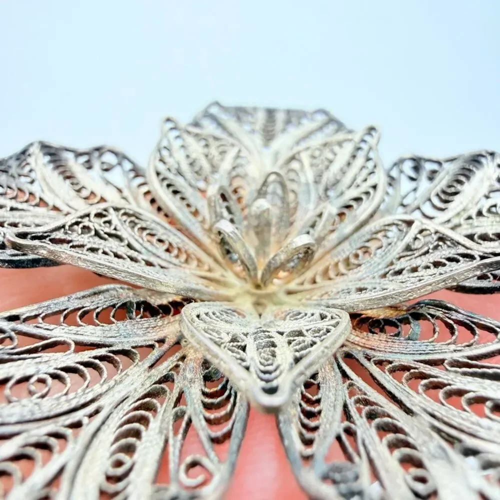 Antique Sterling Silver 925 Large Filigree Flower Brooch Pin Cannetille